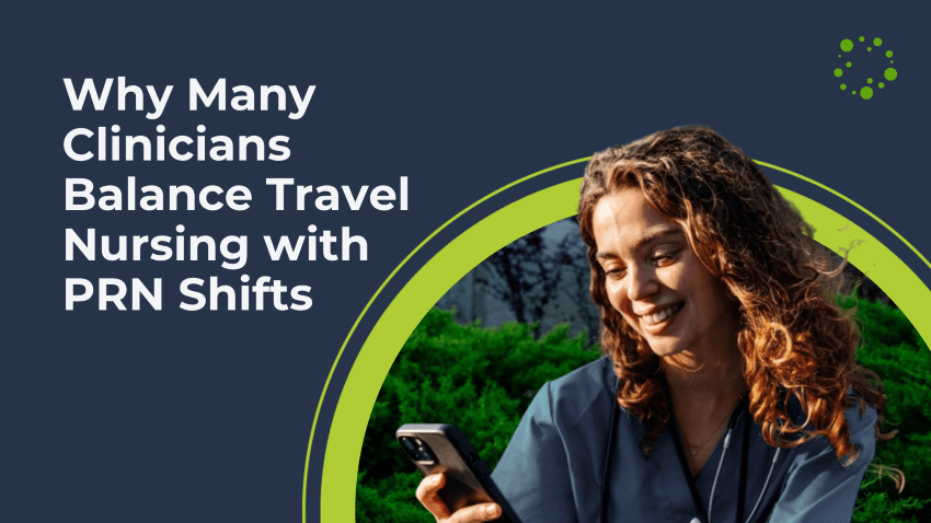 Smiling travel nurse searching for supplemental PRN shifts through Matchwell on phone