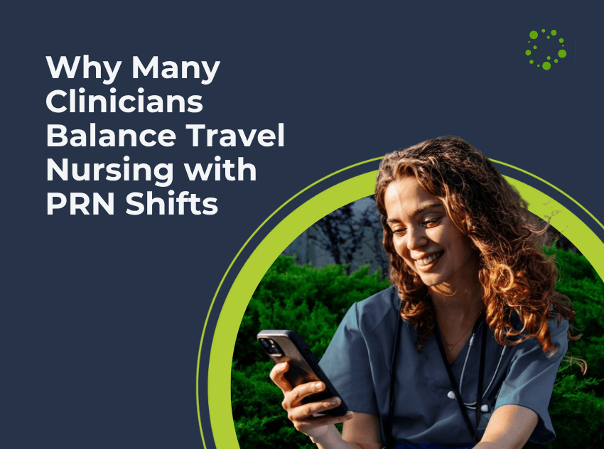 Smiling travel nurse searching for supplemental PRN shifts through Matchwell on phone